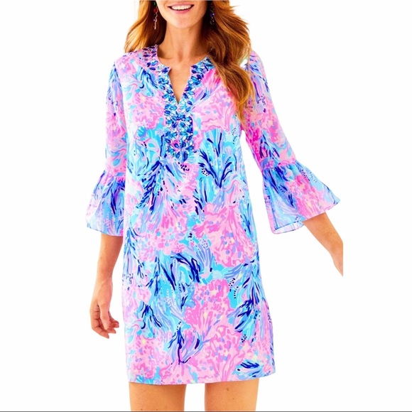 Lilly Pulitzer Dresses & Skirts - Lilly Pulitzer Elenora Periwinkle Ruffle Fan Sea Pants Sleeves Silk Beaded Dress